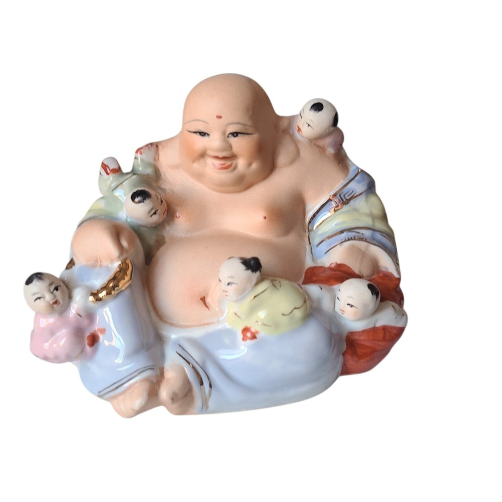 Vintage Chinese Porcelain Laughing Buddha w 5‎ Children 5" Tall Prosperity